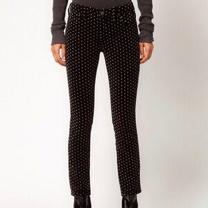 Free People Velvet Skinny Pants Black White Polka Dot Straight